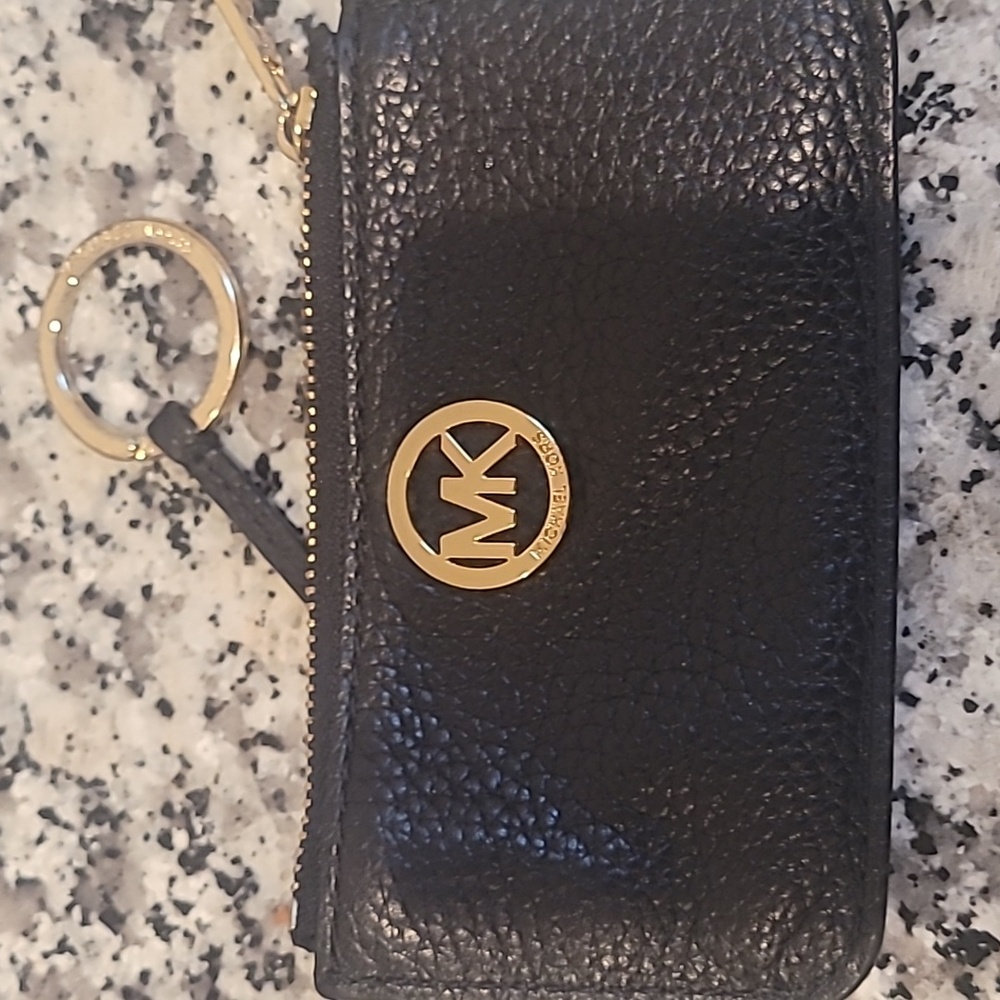 Micheal Kors black gold leather key ring coin purse.